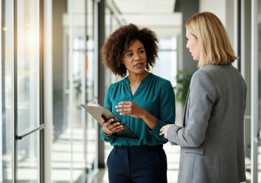 Two female professionals discussing in modern office setting - Powered by Adobe