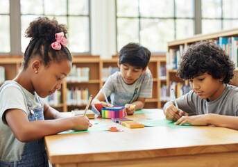 Diverse children engaged in creative art activity at library table