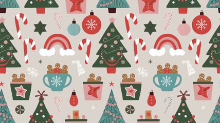 Seamless festive holiday background pattern with colorful Christmas ornaments