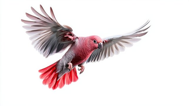 Vibrant Cockatoo Spreading Its Colorful Wings in Flight Against White Background