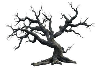 spooky leafless old tree with gnarled branches isolated on transparent or white background