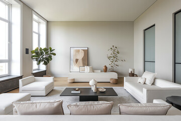 Modern minimalist living room interior featuring neutral colors and natural elements in a bright space