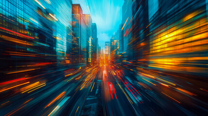 Fototapeta premium Urban energy pulses through a bustling city, illuminated by the blur of lights and motion. Skyscrapers stretch upward, reflecting the dynamic rhythm of life.
