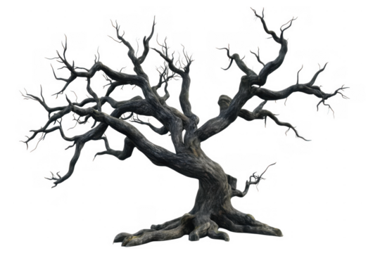 spooky leafless old tree with gnarled branches isolated on transparent or white background