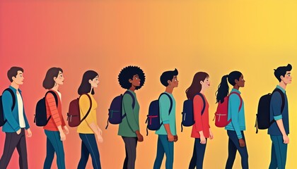 Fototapeta premium Diverse teenagers walk in row. People of different ethnicities, backgrounds. Equality, diversity. Inclusive community represented. School college students. Friendly, positive atmosphere. Integration