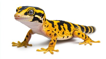 Fototapeta premium Close up View of Spotted Yellow and Black Gecko Lizard Climbing on Surface