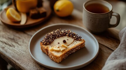 Creative Breakfast Toast with Cute Hedgehog Design Made from Chocolate and Cheese on Rustic Wooden Table