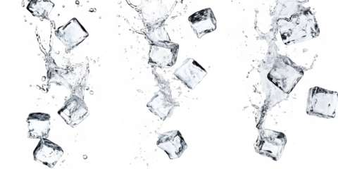 collection of flying ice cubes with splashing water isolated on transparent or white background