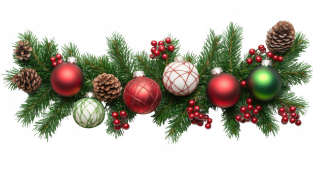 christmas branches border with christmas decorations on transparent or white background cutout
