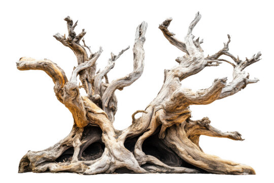 weathered driftwood tree stump with twisted roots and branches isolated on transparent or white background