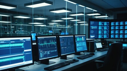 Naklejka premium A cinematic shot of a futuristic office with a laptop projecting a holographic interface, displaying intricate renewable energy data and innovative solutions