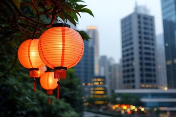 Obraz premium Asian lanterns hanging on tree branch, city backdrop.