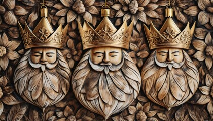 Three intricately carved wooden kings wearing golden crowns in a detailed artistic display. Three Kings Day Epiphany background.