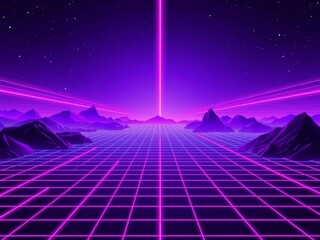 80s digital retrofuturistic scifi VR landscape with purple grid floor, arcade videogame, neon laser grid, synthwave wallapaper design, grid, neon, purple