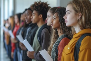 Obraz premium Students standing in line holding papers and waiting