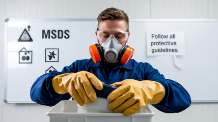 A person in protective gear is carefully handling materials, emphasizing safety and adherence to guidelines in a controlled environment.