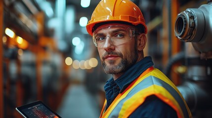 Engineer monitors data in industrial facility while wearing safety gear and using a tablet
