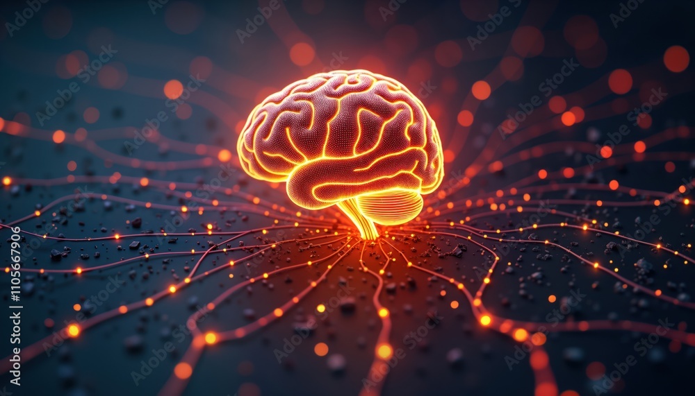Aufkleber Futuristic digital brain linked to neural networks. Advanced intelligence tech. AI process info. Potential tech. Image shows glowing digital brain. Connected with network. Dark background. High tech