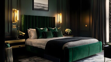 Luxurious Bedroom with Emerald Green Accents and Velvet Upholstery (Modern Emerald Accents)