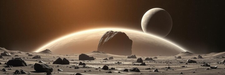 A 3D abstract rendering of a spacecraft landing on a asteroid, showcasing the rugged surface and vast expanse of space, space, 3D render, abstract