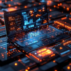 A futuristic laptop displaying data analytics amidst glowing digital interfaces.