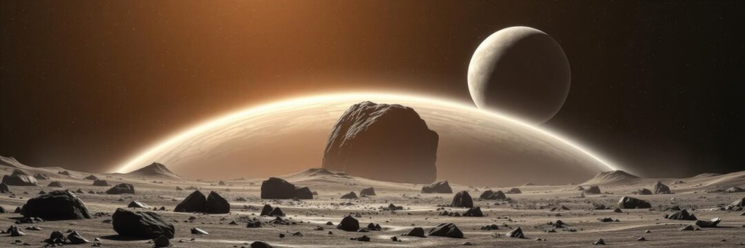 A 3D abstract rendering of a spacecraft landing on a asteroid, showcasing the rugged surface and vast expanse of space, space, 3D render, abstract