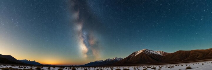 A breathtaking mountain landscape under a starry night sky, with a hint of the Milky Way stretching across the horizon, serene, outdoor, tranquility