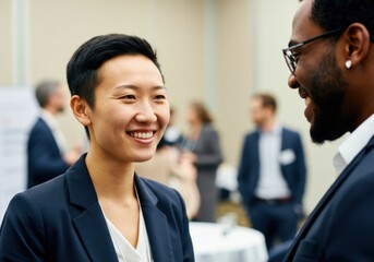 Asian female and african male professionals engaging in conversation at a networking event