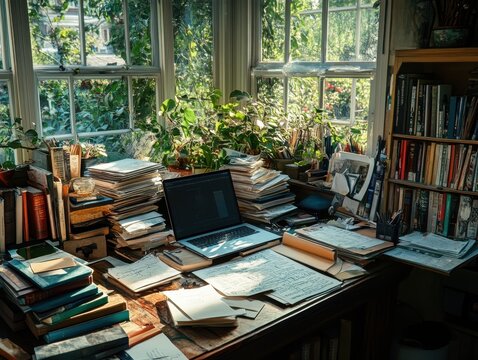 Editor proofreading an article on a tablet, digital editing tools visible, sleek home office setup, books and papers scattered, focused and professional, soft lighting, copy space