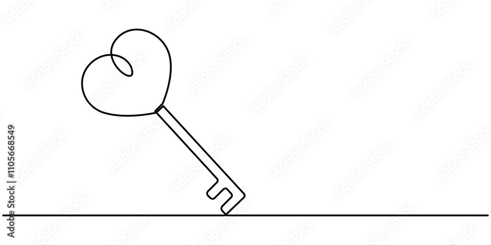Poster Love Keys Black Stroke Linear Icon, Continuous one line drawing of a heart shaped lock and key. Vector illustration, Key with heart in single continuous line. One line drawing. Line icon. Old key. 