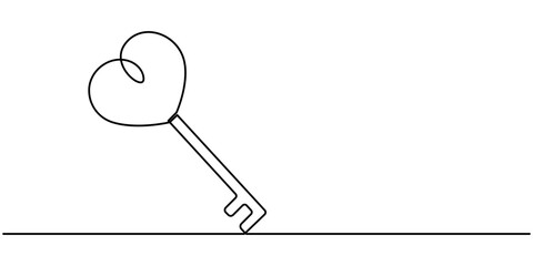 Love Keys Black Stroke Linear Icon, Continuous one line drawing of a heart shaped lock and key. Vector illustration, Key with heart in single continuous line. One line drawing. Line icon. Old key. 
