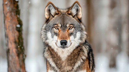 Obraz premium Watchful Gray Wolf Gazing in Snowy Forest