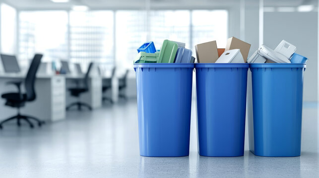 Three blue trash bins filled with various waste materials stand in a modern office space, highlighting the importance of waste management in workplaces.
