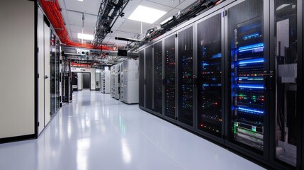 High-tech backup and security systems ensuring reliability in a sleek server hub with encrypted pathways, glowing control panels, and streamlined data management processes