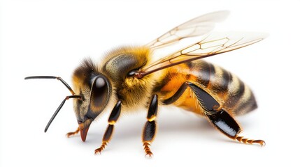 Close up Photograph of an Industrious Honeybee Pollinating a Vibrant Flower in a Lush Natural Environment