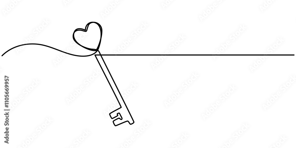 Poster Love Keys Black Stroke Linear Icon, Continuous one line drawing of a heart shaped lock and key. Vector illustration, Key with heart in single continuous line. One line drawing. Line icon. Old key. 