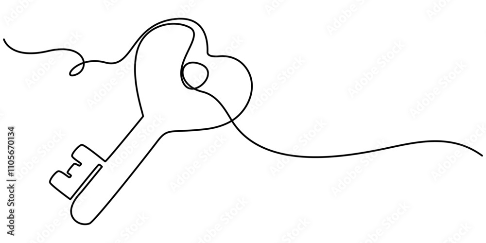 Poster Love Keys Black Stroke Linear Icon, Continuous one line drawing of a heart shaped lock and key. Vector illustration, Key with heart in single continuous line. One line drawing. Line icon. Old key. 