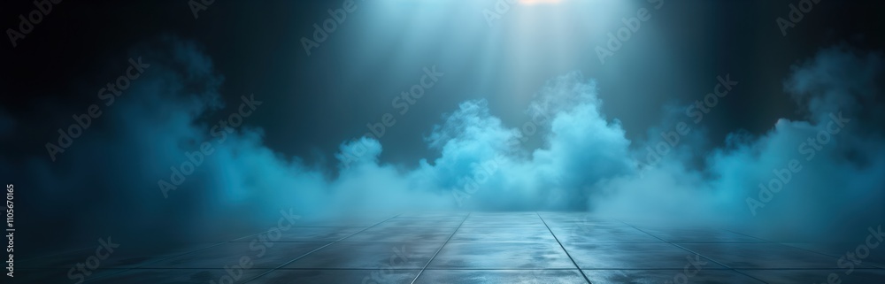 Poster empty concrete floor in dark room filled with light blue fog. mysterious atmosphere. dramatic lighti