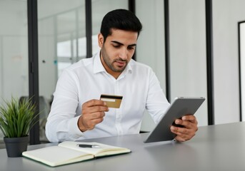 Young hispanic male shopping online with tablet and credit card in office setting