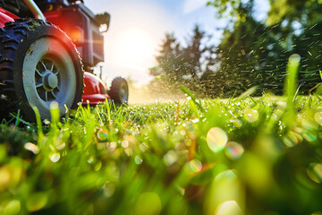 A lawn red mower is sitting on a lush green lawn. Lawn mower cutting green grass in backyard, beauty of nature and the peacefulness of country life.