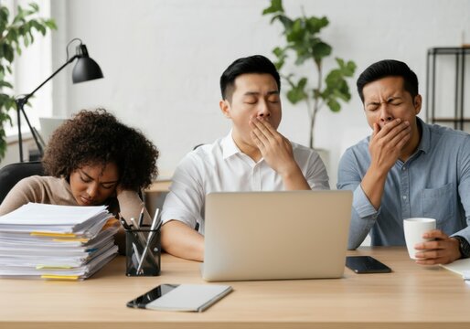 Diverse group of young adults yawning in office setting