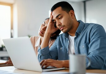 Tired young hispanic couple working on laptop at home