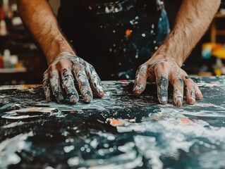 Artist drawing with charcoal on a large canvas, hands covered in charcoal dust, vibrant studio environment, natural lighting, creative process, professional workspace, copy space