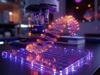 A vibrant depiction of a DNA strand illuminated under a microscope, showcasing the intersection of biotechnology and advanced scientific research.