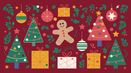 Fototapeta premium Seamless festive holiday background pattern with colorful Christmas ornaments