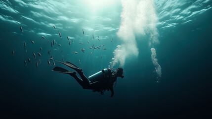 Fototapeta premium A scuba diver underwater, surrounded by a school of fish with light filtering through the ocean surface, creating a serene marine scene.