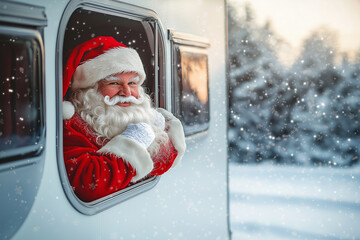 A smiling Santa Claus peeks out of a white RV window as snow falls