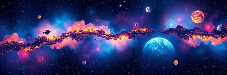 A collection of vibrant and futuristic banner templates showcasing various elements of a space trip in the universe, designed in vector illustration, template, galaxy, futuristic
