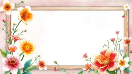 A delicate frame of blooming spring flowers in a watercolor illustration on a clean white backdrop, spring, frame, delicate