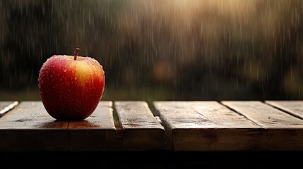 A fresh red apple with droplets of water sits on a wooden table, surrounded by a soft, rainy background, This image can be used for food marketing, health, and nature-related themes,